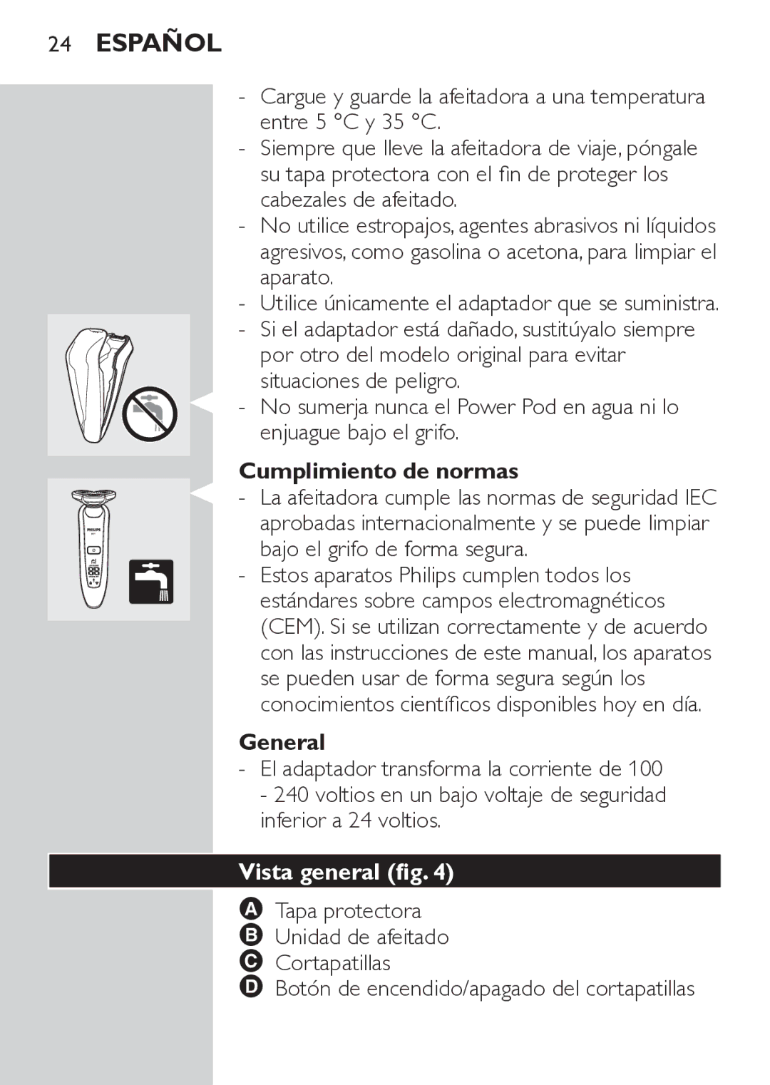 Philips RQ1052, RQ1062 manual Cumplimiento de normas, Vista general fig 