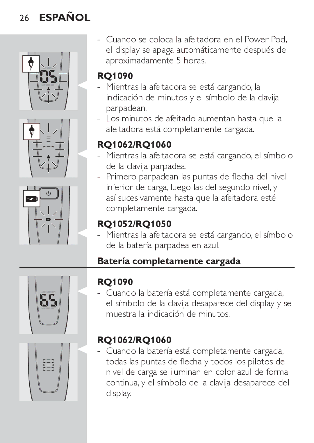 Philips RQ1052, RQ1062 manual Aproximadamente 5 horas, Batería completamente cargada RQ1090 