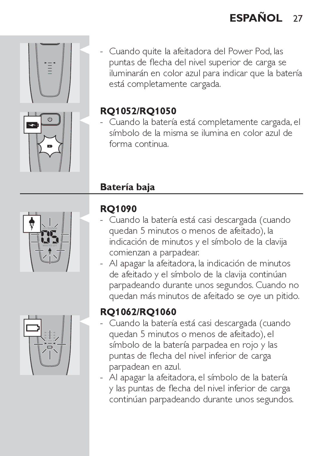 Philips RQ1062, RQ1052 manual Batería baja RQ1090 