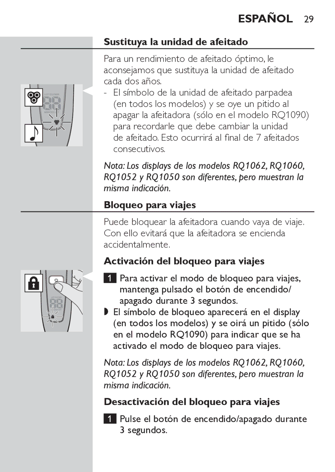 Philips RQ1062, RQ1052 manual Sustituya la unidad de afeitado, Bloqueo para viajes, Activación del bloqueo para viajes 