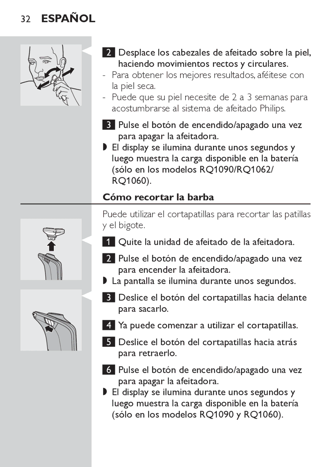 Philips RQ1052, RQ1062 manual Cómo recortar la barba 