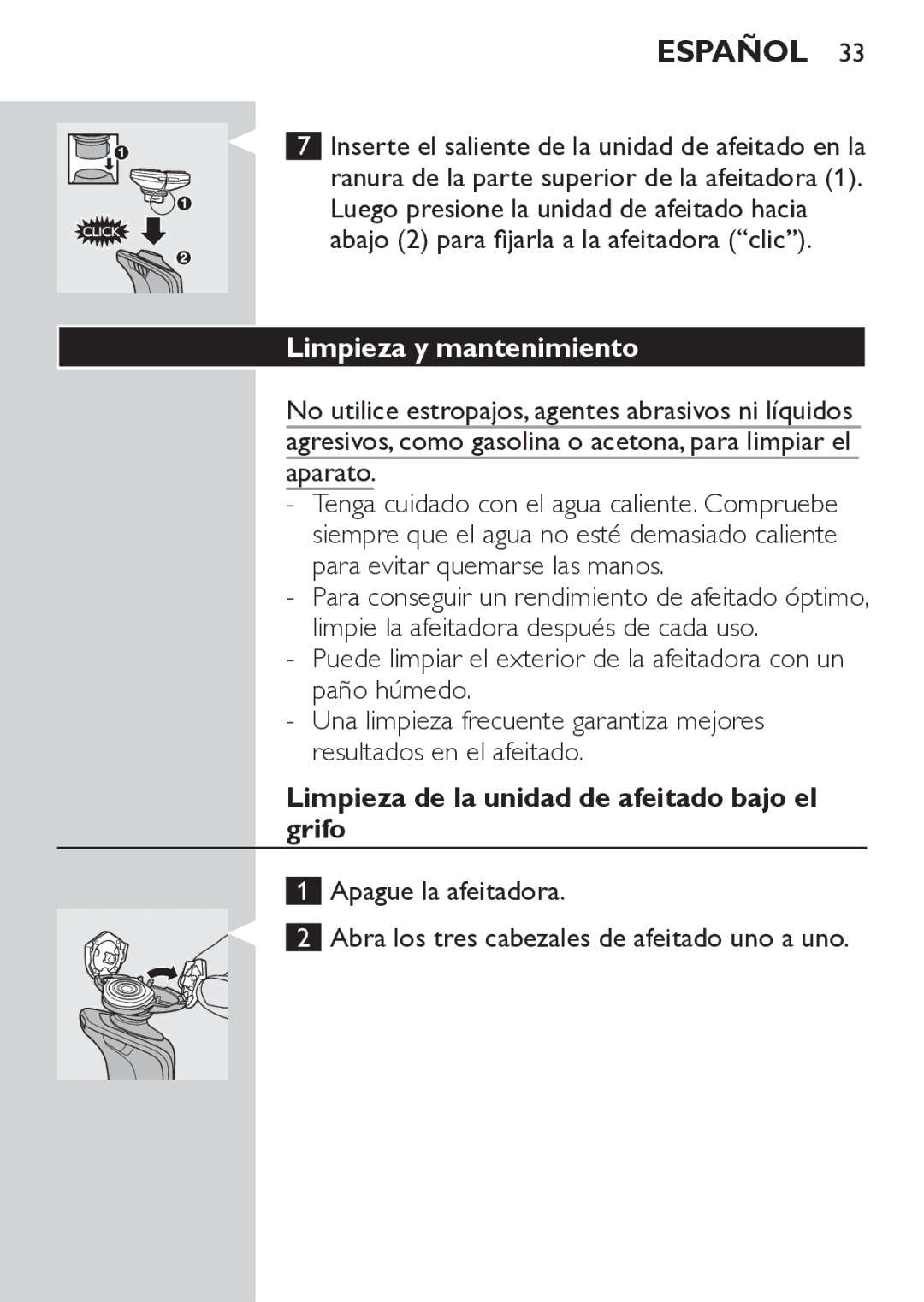 Philips RQ1062, RQ1052 manual Limpieza y mantenimiento, Limpieza de la unidad de afeitado bajo el grifo 