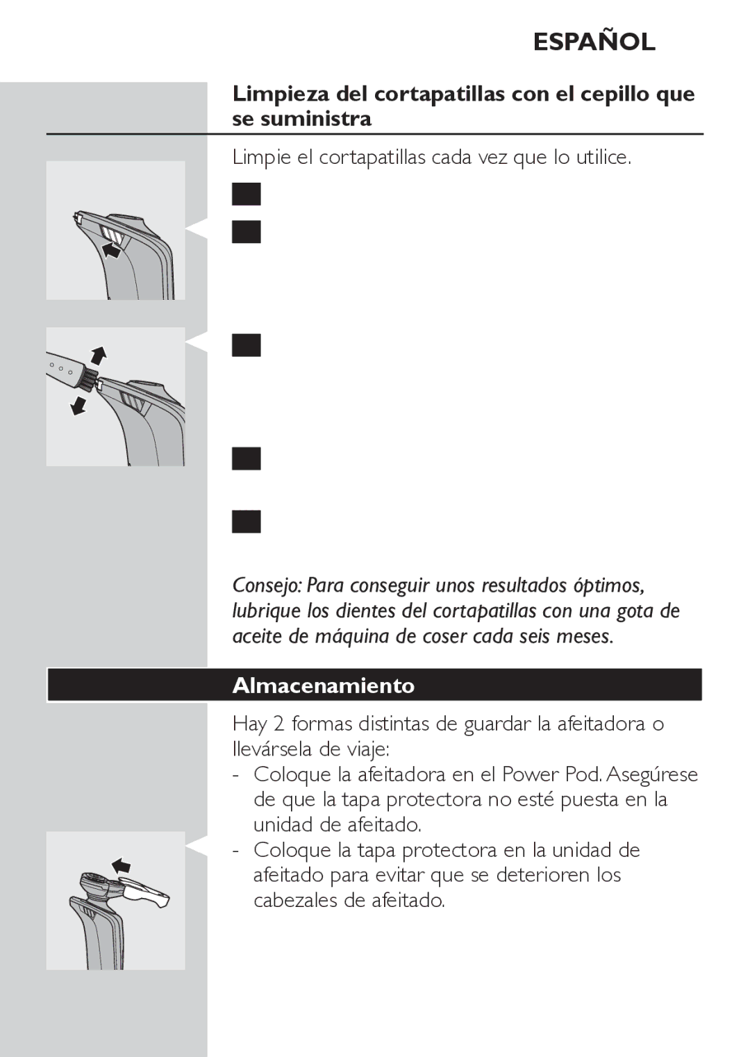 Philips RQ1062, RQ1052 manual Limpieza del cortapatillas con el cepillo que se suministra, Almacenamiento 