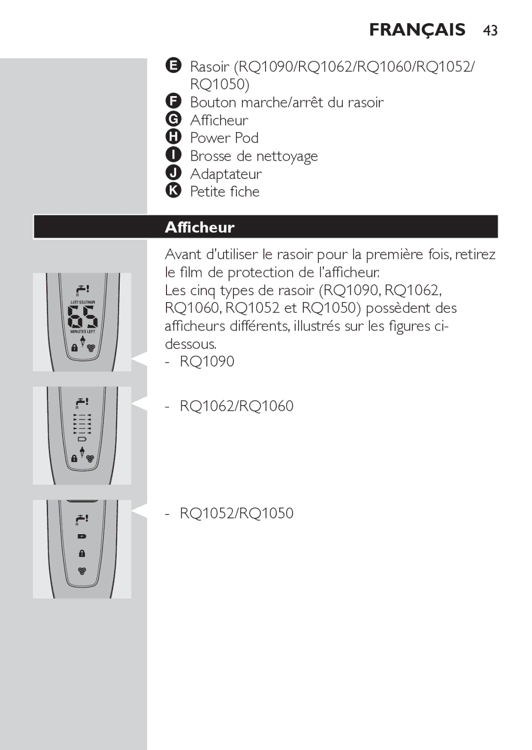 Philips RQ1062, RQ1052 manual Afficheur 