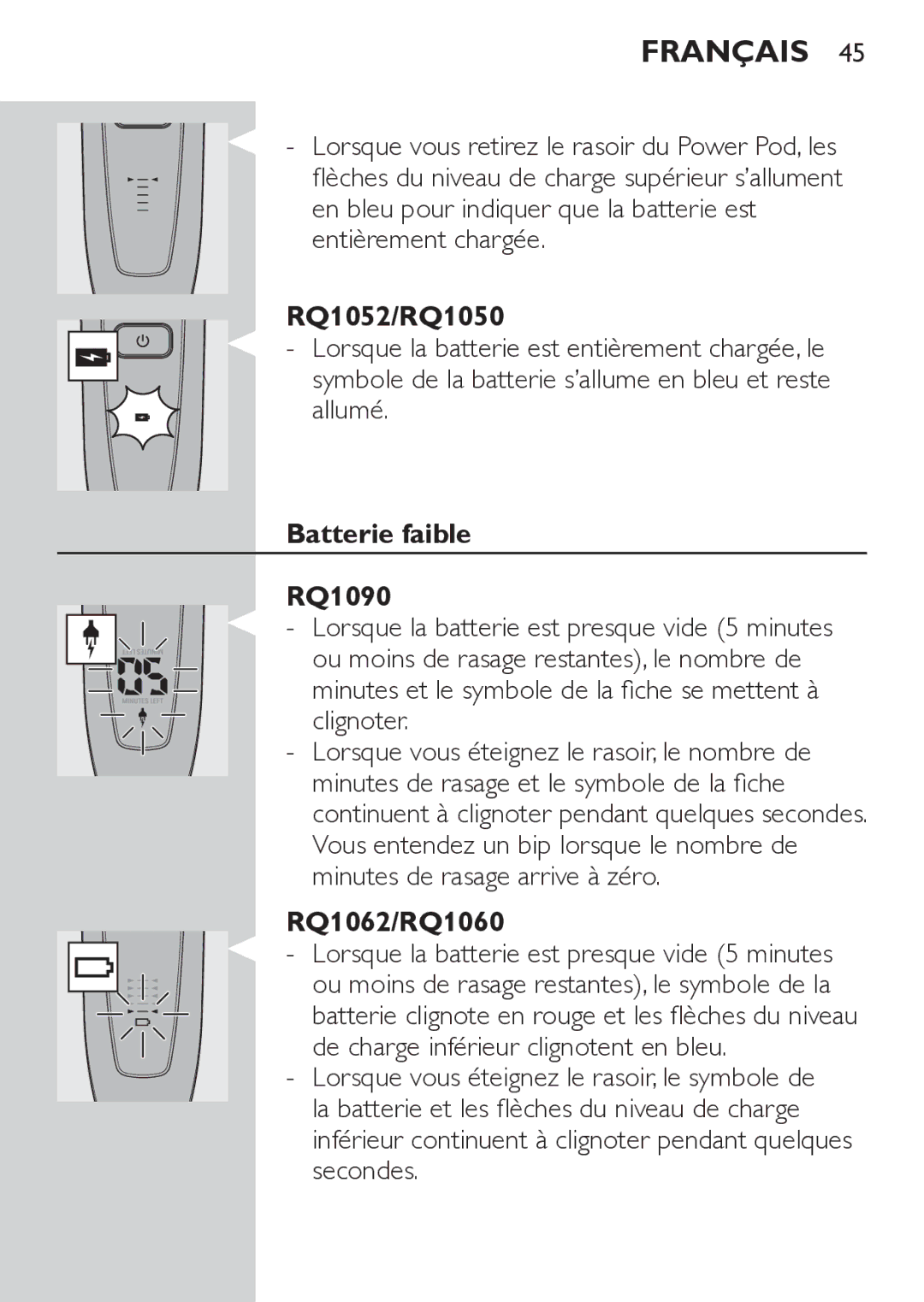 Philips RQ1062, RQ1052 manual Batterie faible RQ1090 