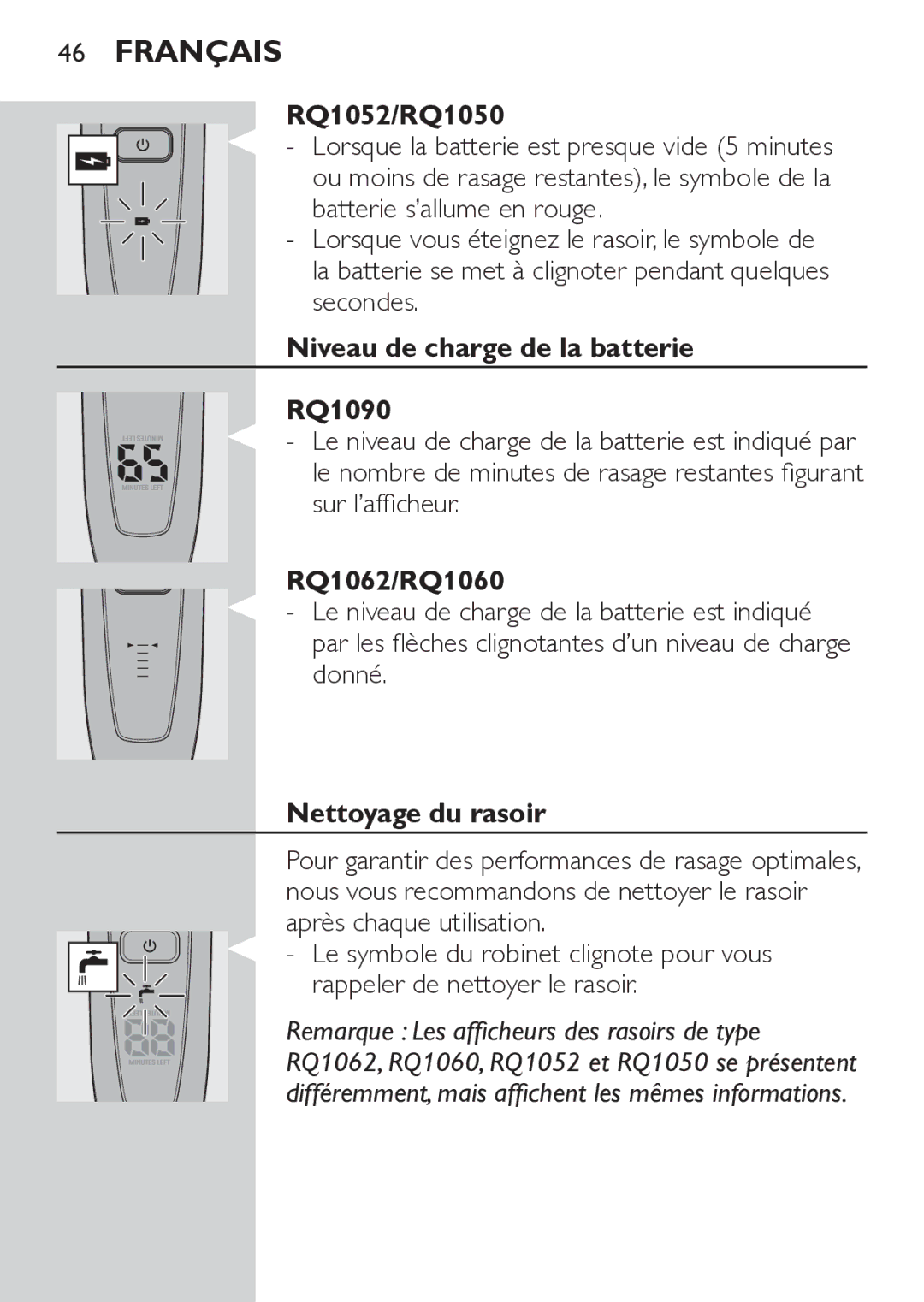 Philips RQ1052, RQ1062 manual Niveau de charge de la batterie RQ1090, Nettoyage du rasoir 