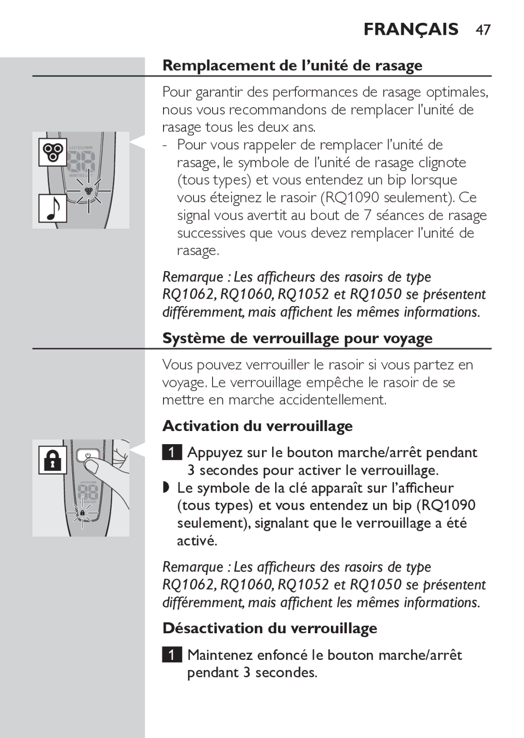 Philips RQ1062, RQ1052 Remplacement de l’unité de rasage, Système de verrouillage pour voyage, Activation du verrouillage 