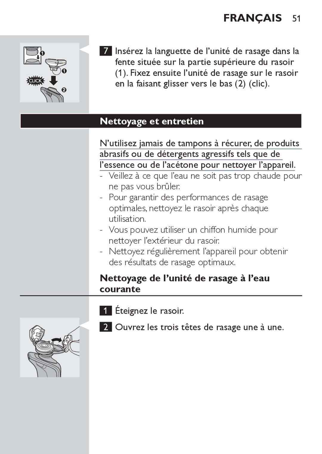 Philips RQ1062, RQ1052 manual Nettoyage et entretien, Nettoyage de l’unité de rasage à l’eau courante 