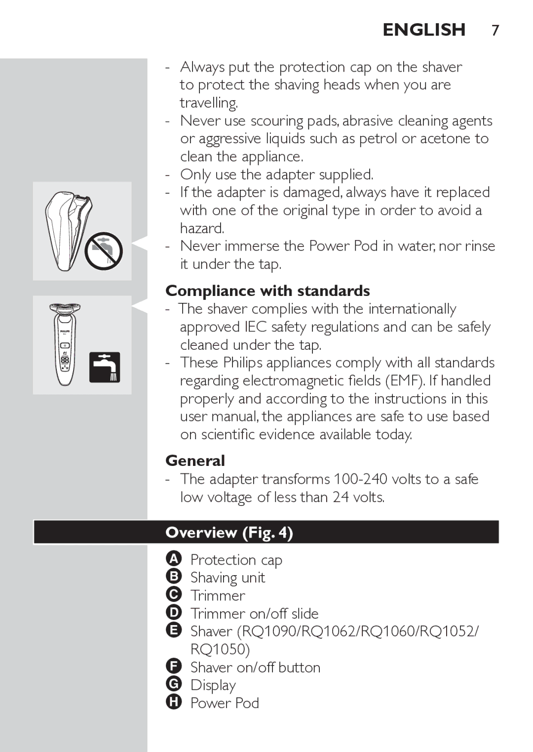 Philips RQ1062 Compliance with standards, General, Overview Fig, Protection cap Shaving unit Trimmer Trimmer on/off slide 