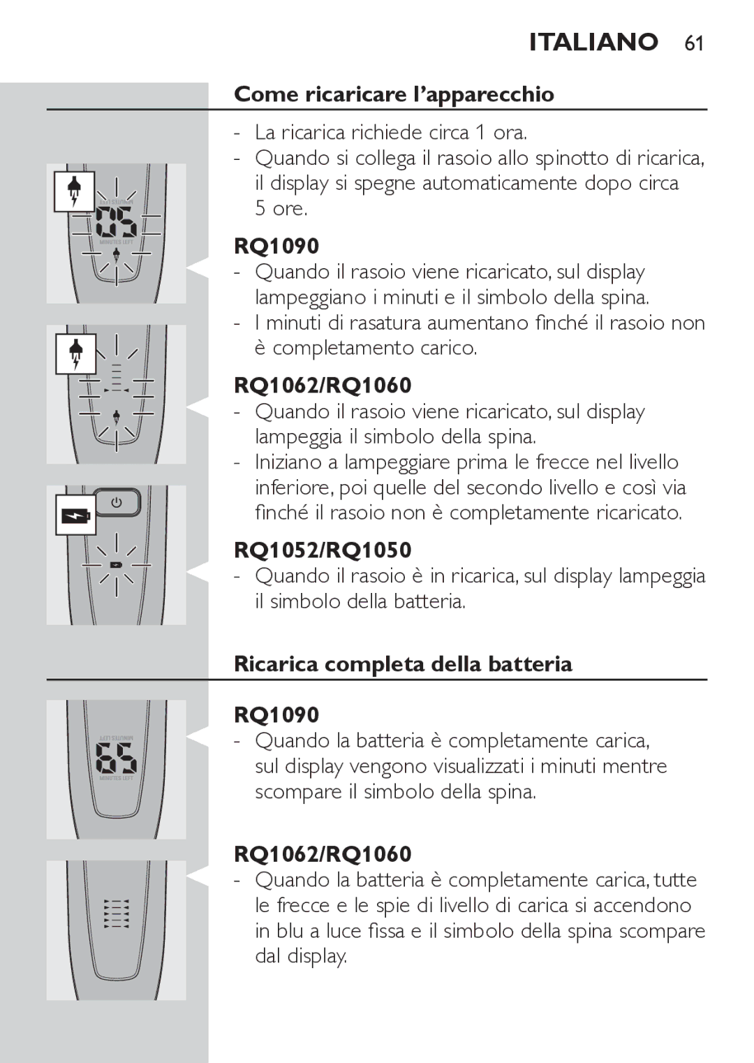 Philips RQ1062, RQ1052 manual Come ricaricare l’apparecchio, Completamento carico, Ricarica completa della batteria RQ1090 