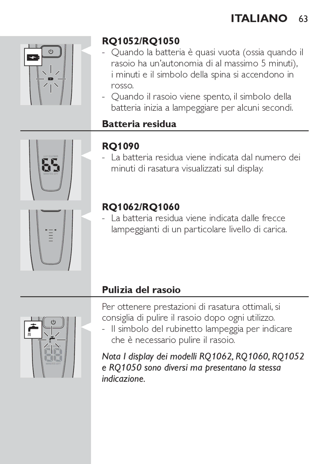 Philips RQ1062, RQ1052 manual Batteria residua RQ1090, Pulizia del rasoio 