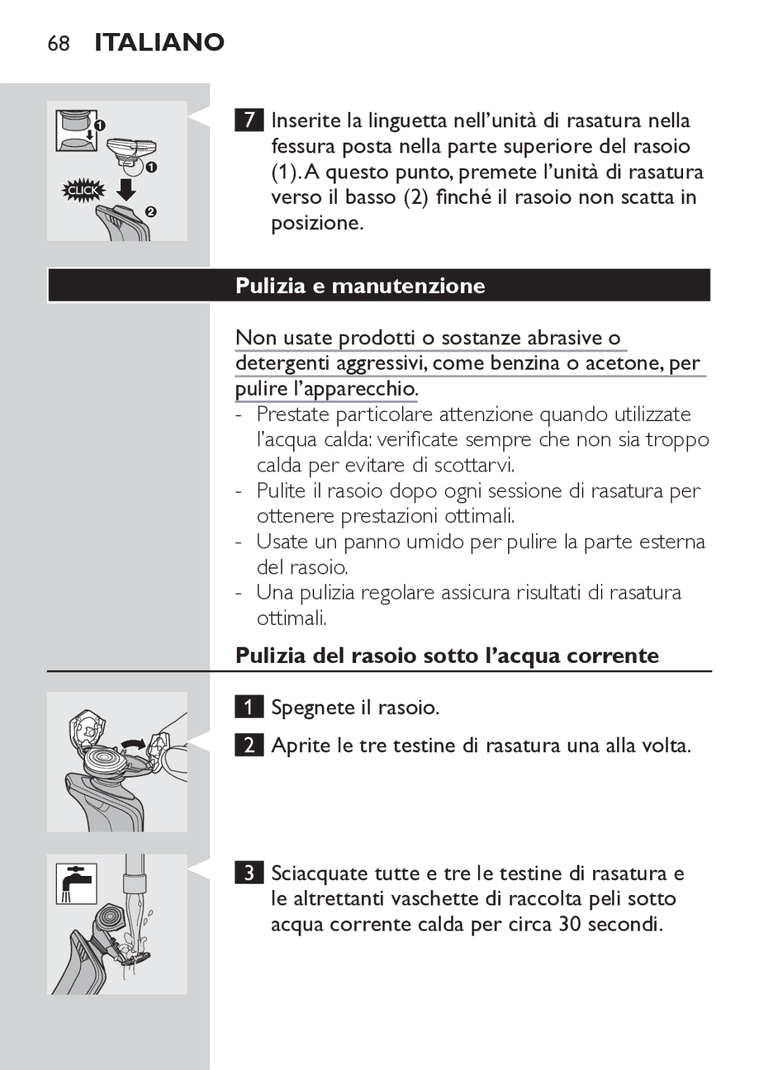 Philips RQ1052, RQ1062 manual Pulizia e manutenzione, Pulizia del rasoio sotto l’acqua corrente 