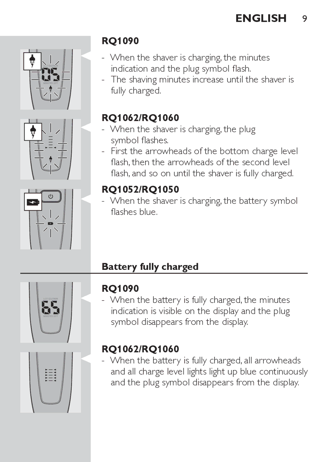 Philips manual RQ1062/RQ1060, RQ1052/RQ1050, Battery fully charged RQ1090 