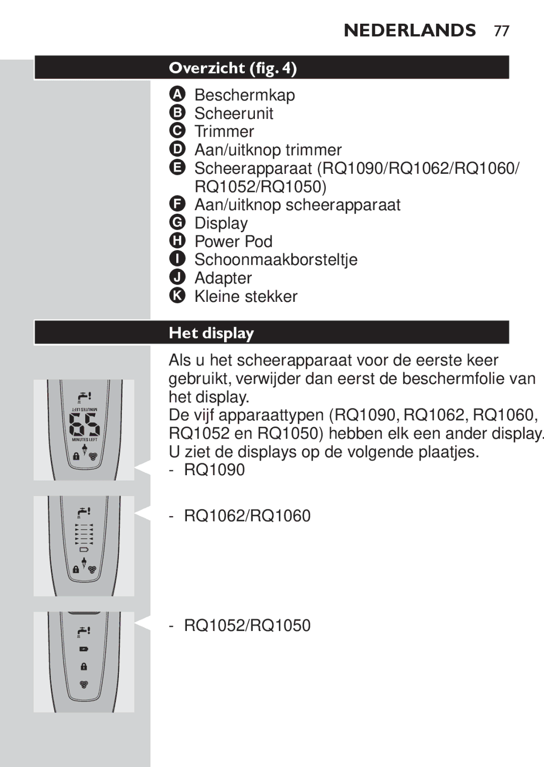 Philips RQ1062, RQ1052 manual Overzicht fig, Beschermkap Scheerunit Trimmer Aan/uitknop trimmer, Het display 