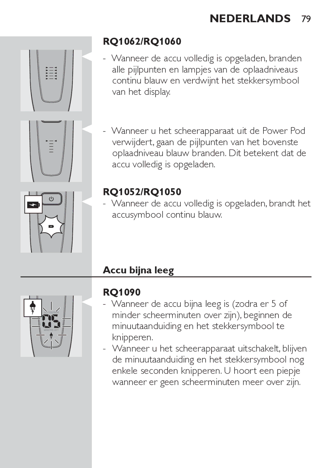 Philips RQ1062, RQ1052 manual Accu bijna leeg RQ1090 