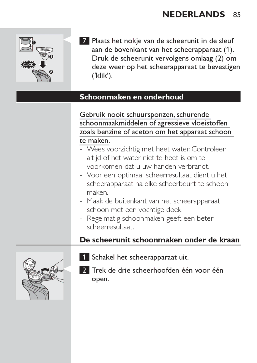 Philips RQ1062, RQ1052 manual Schoonmaken en onderhoud, Regelmatig schoonmaken geeft een beter scheerresultaat 