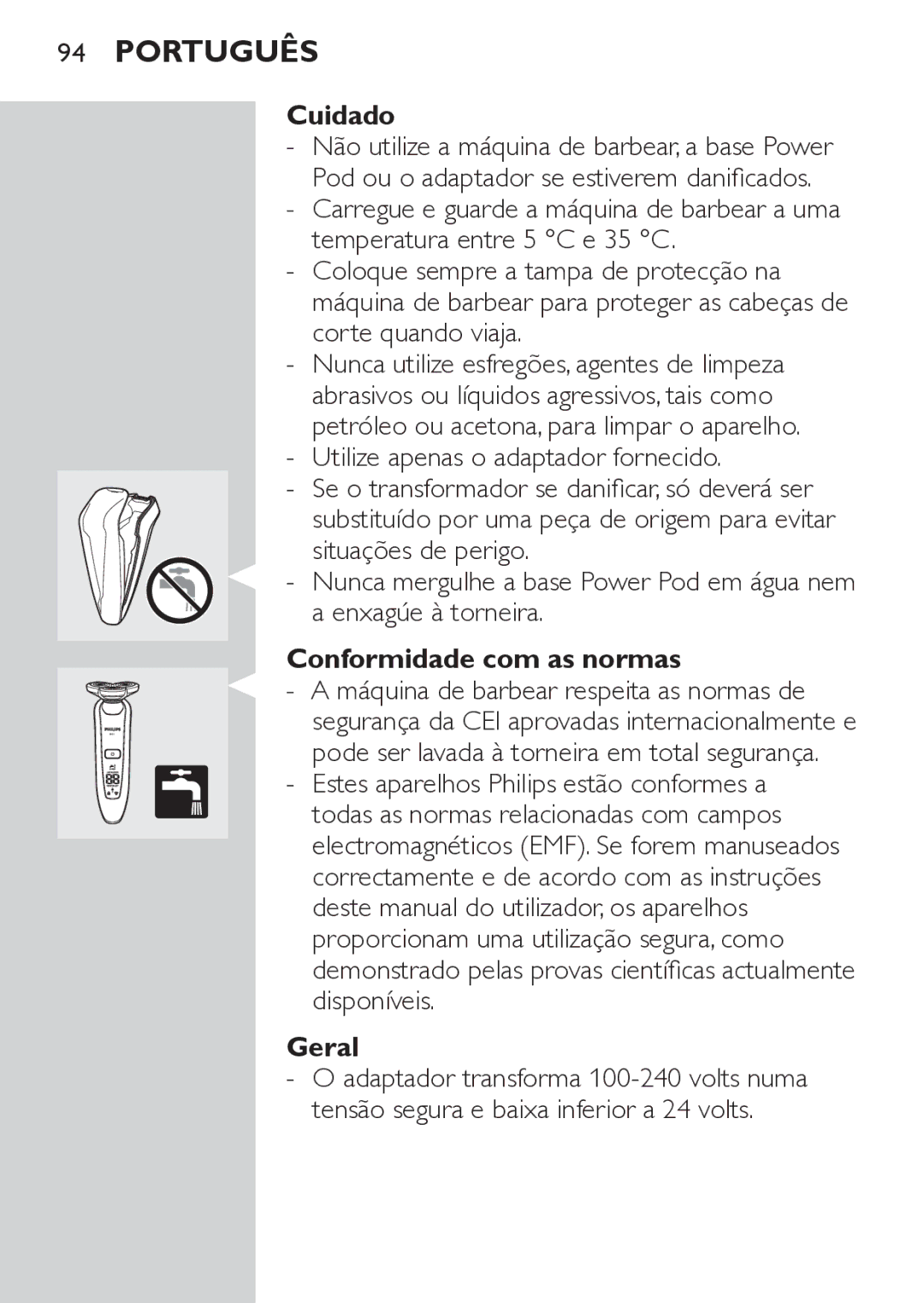 Philips RQ1052, RQ1062 manual Cuidado, Conformidade com as normas, Geral 