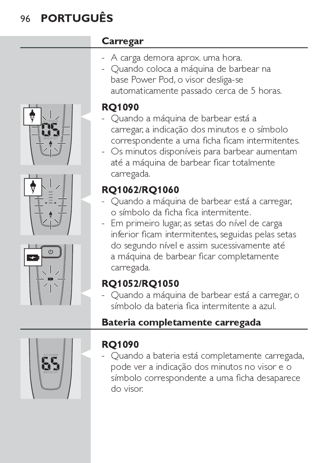 Philips RQ1052, RQ1062 manual Carregar, Carga demora aprox. uma hora, Bateria completamente carregada RQ1090 