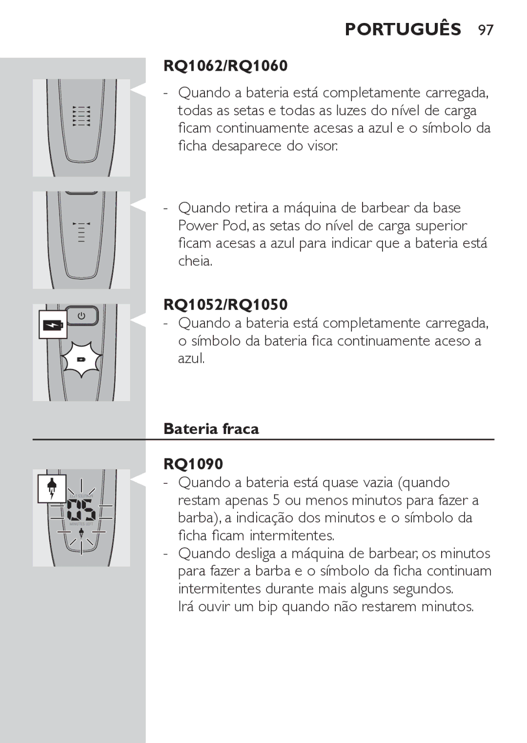 Philips RQ1062, RQ1052 manual Bateria fraca RQ1090, Irá ouvir um bip quando não restarem minutos 