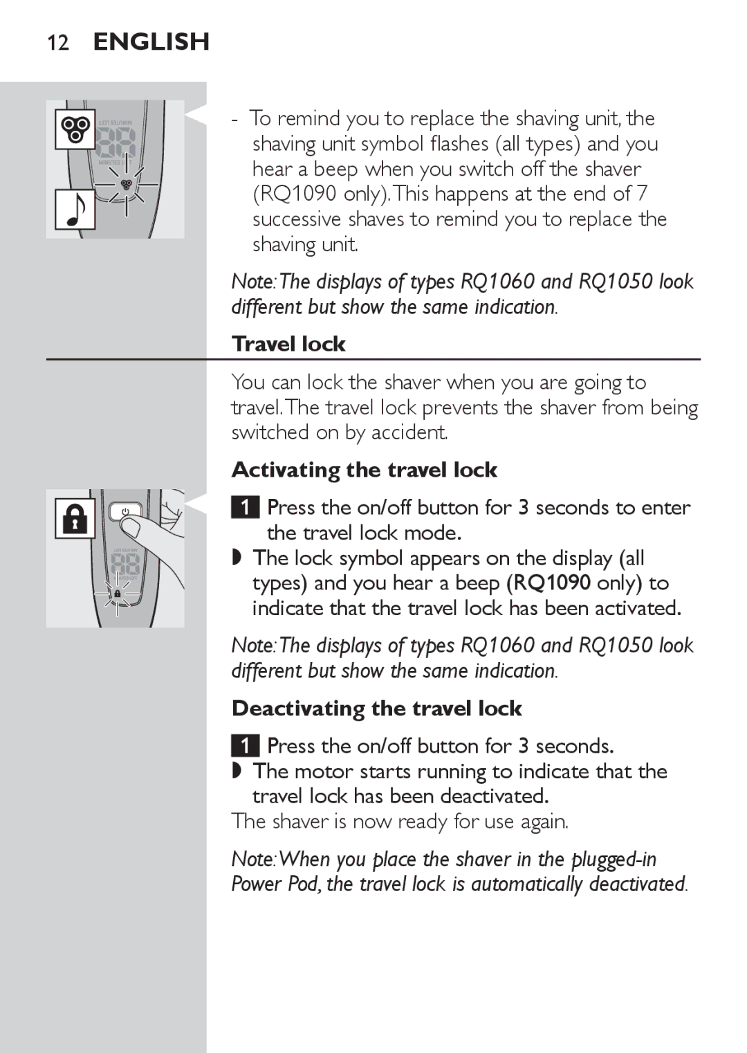 Philips RQ1060 manual Travel lock, Activating the travel lock, Deactivating the travel lock 