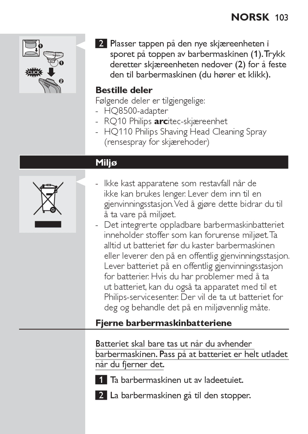 Philips RQ1060 manual Bestille deler, Miljø, Fjerne barbermaskinbatteriene 