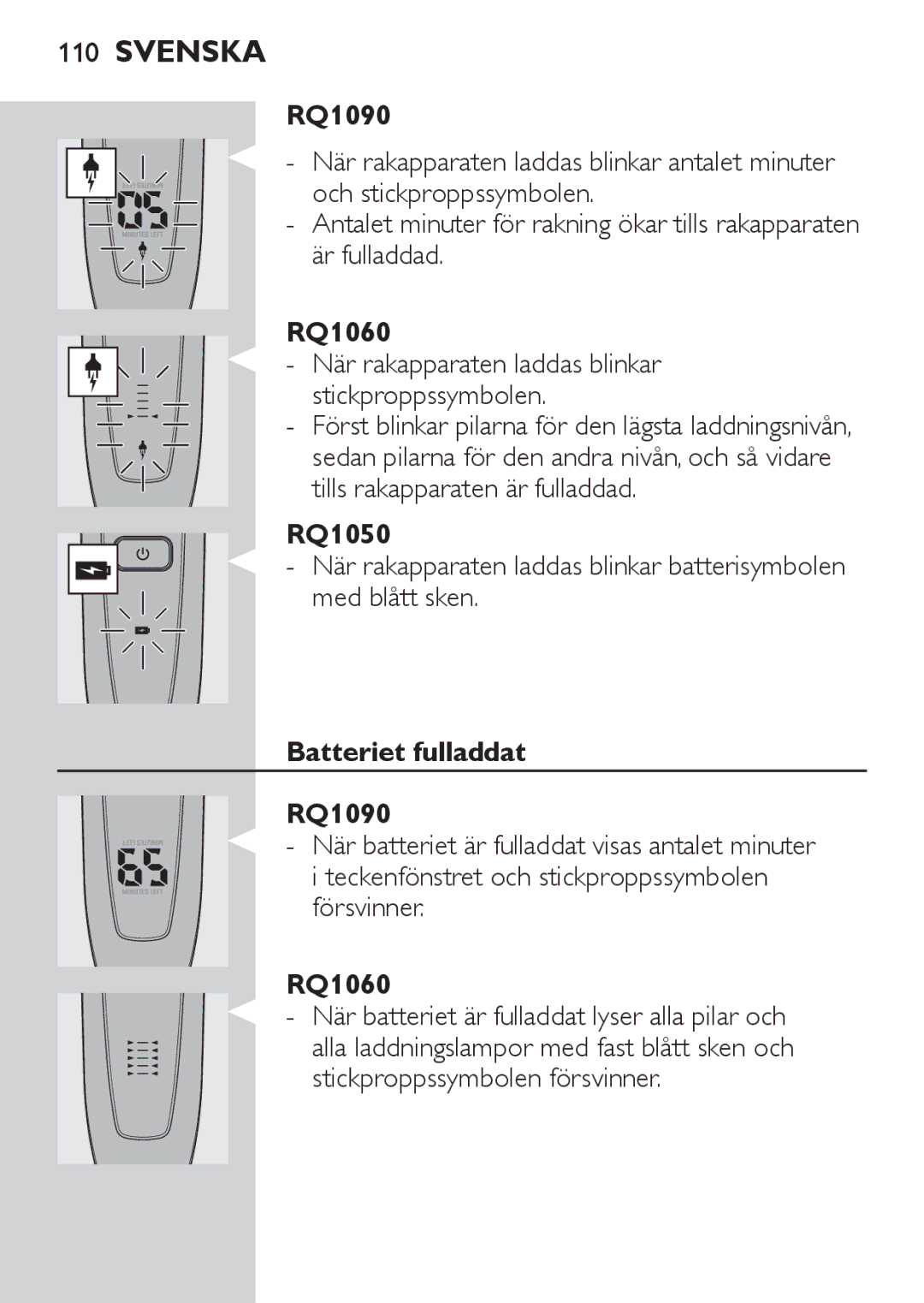 Philips RQ1060 manual Batteriet fulladdat RQ1090, När rakapparaten laddas blinkar stickproppssymbolen 