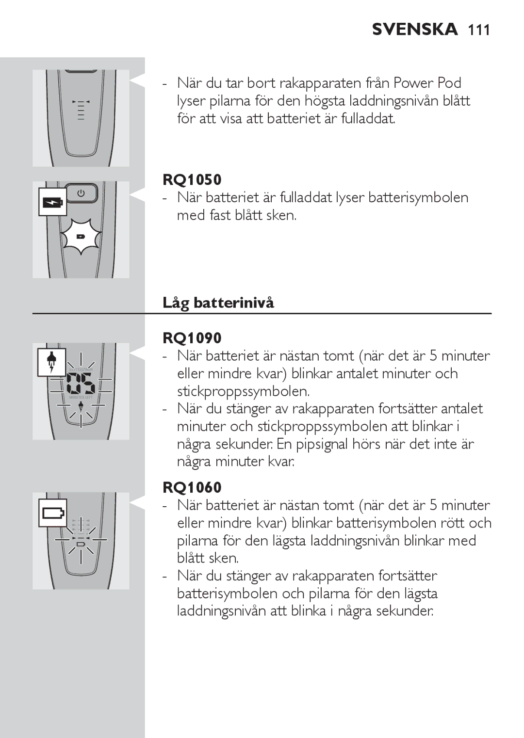 Philips RQ1060 manual Låg batterinivå RQ1090 