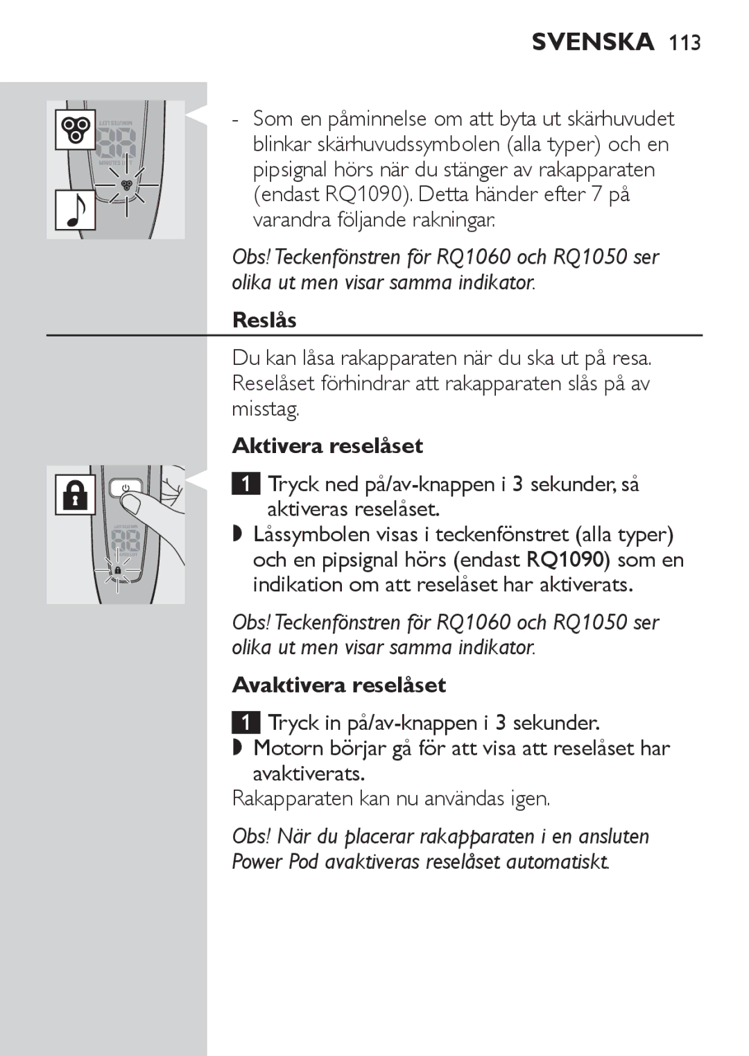 Philips RQ1060 manual Reslås, Aktivera reselåset, Avaktivera reselåset 