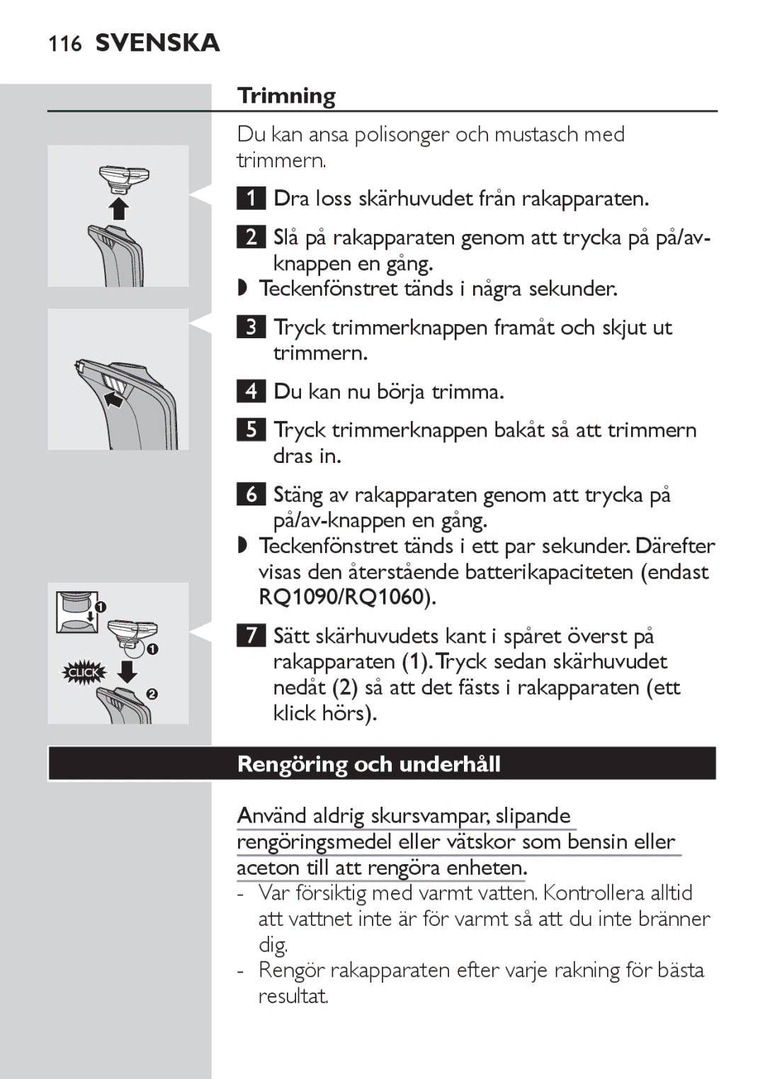 Philips RQ1060 manual Trimning, Rengöring och underhåll 