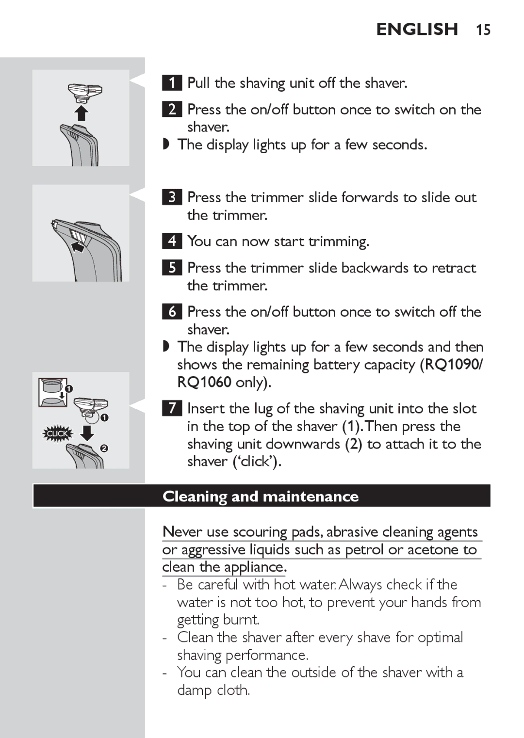 Philips RQ1060 manual Cleaning and maintenance 