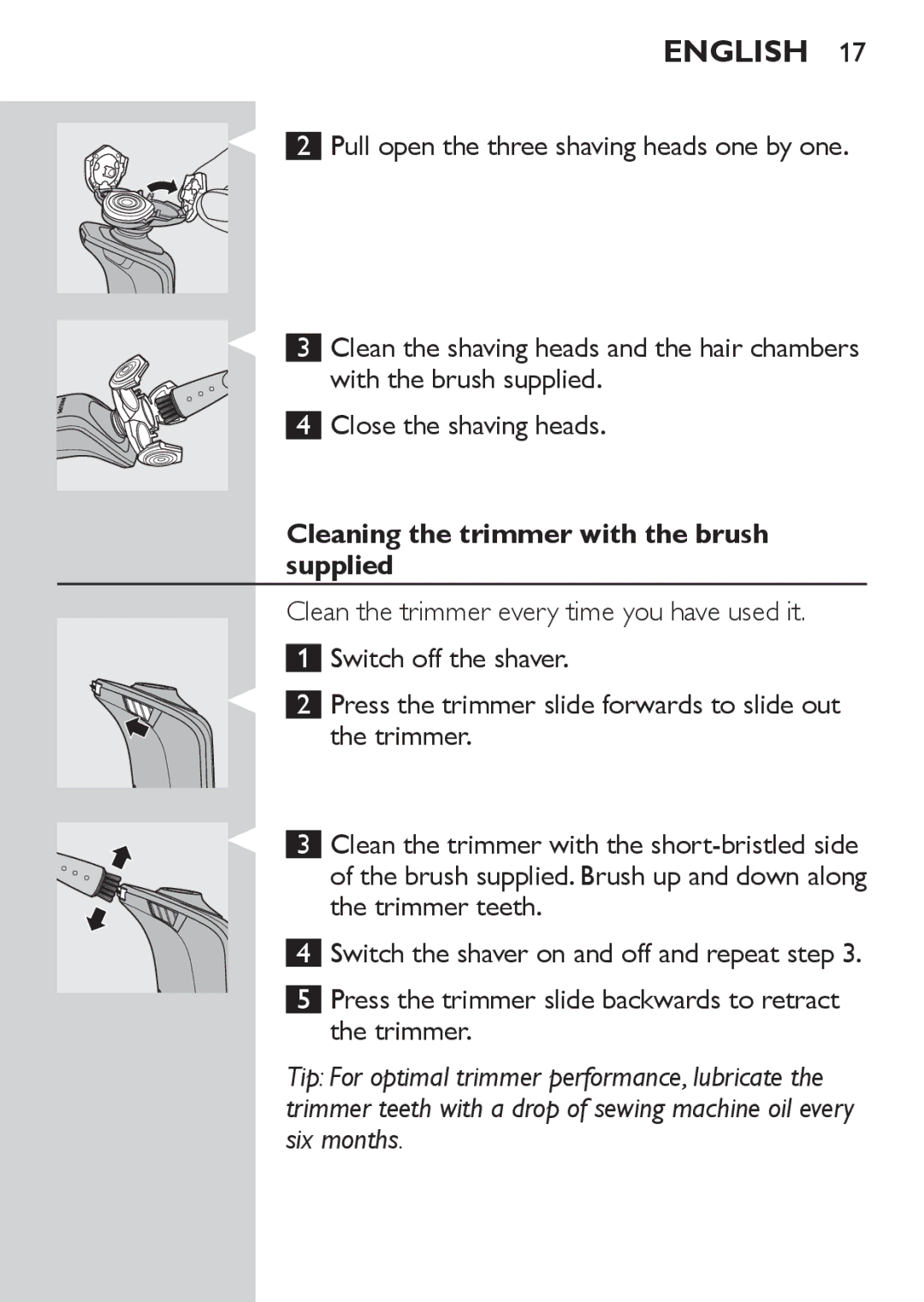 Philips RQ1060 manual Cleaning the trimmer with the brush supplied 