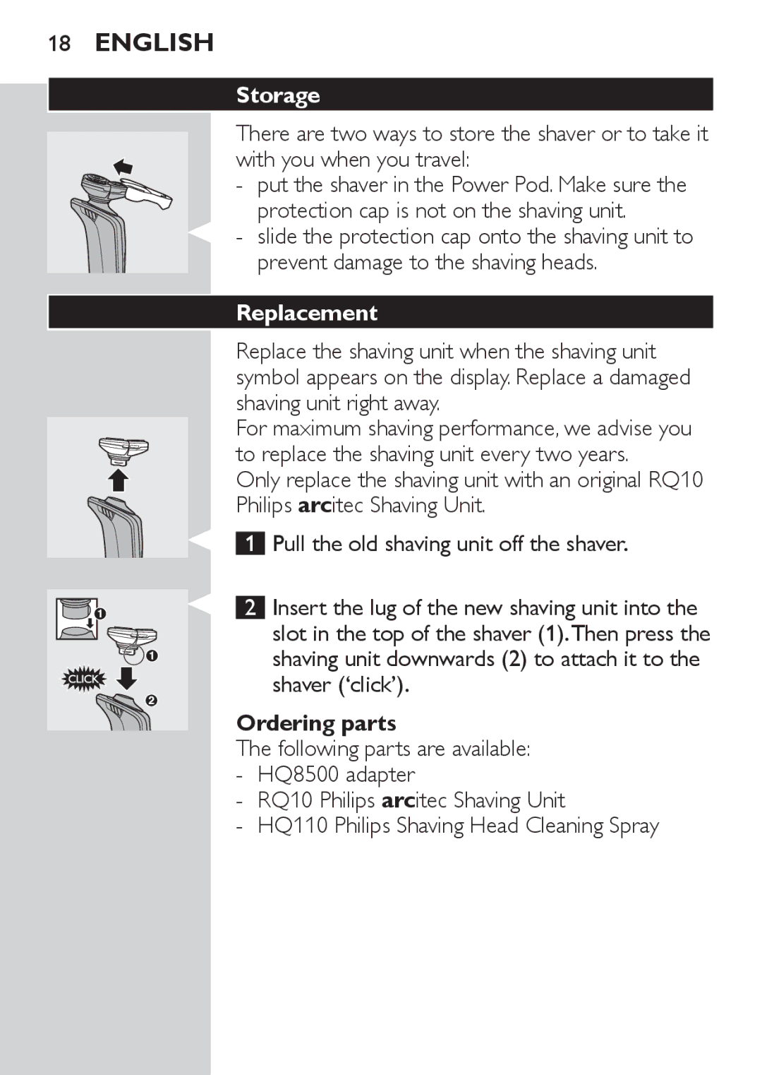 Philips RQ1060 manual Storage, Replacement, Ordering parts 