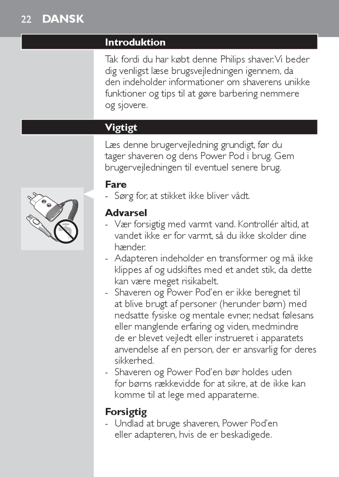 Philips RQ1060 manual Introduktion, Vigtigt, Fare, Forsigtig 