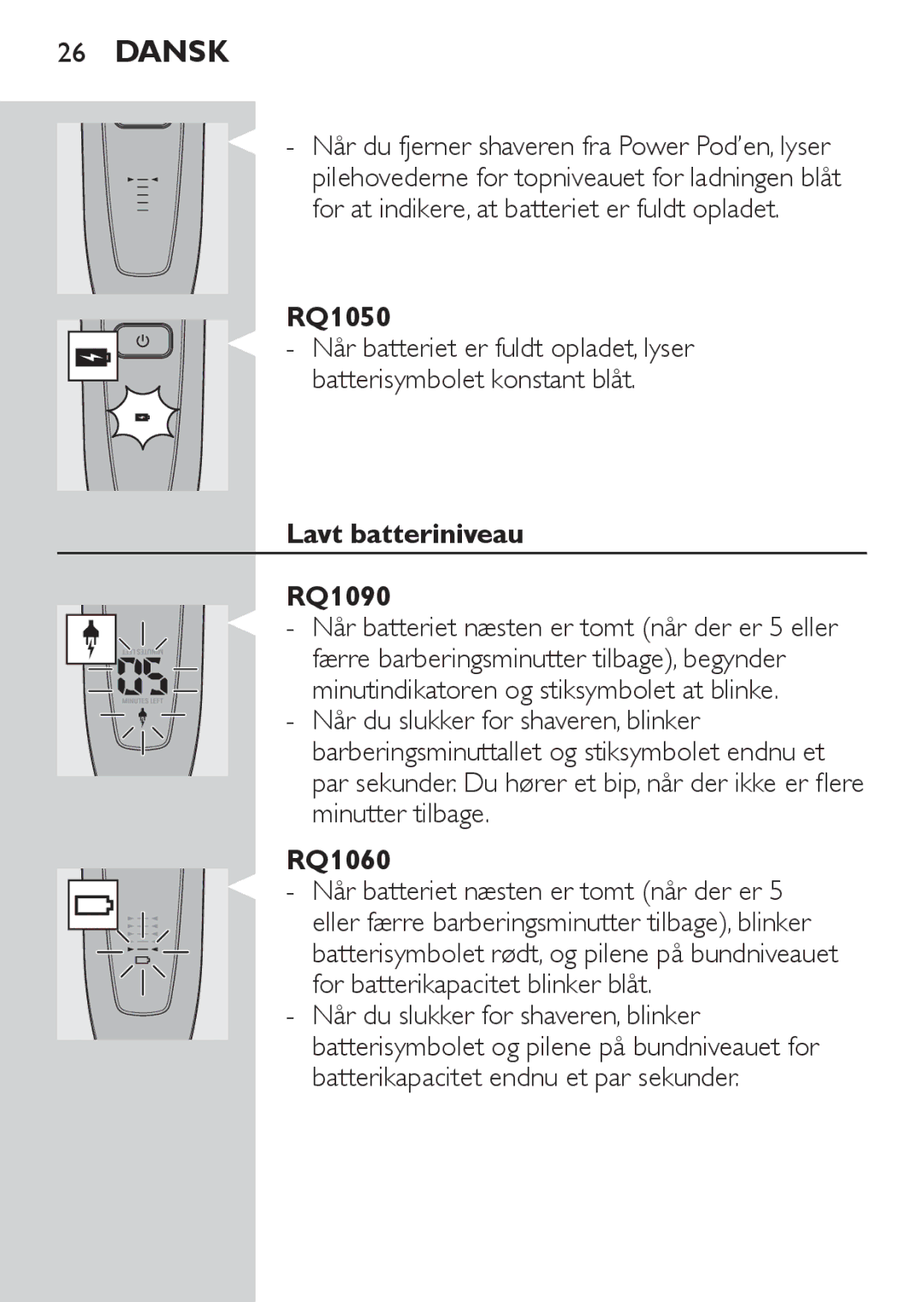 Philips RQ1060 manual Lavt batteriniveau RQ1090 