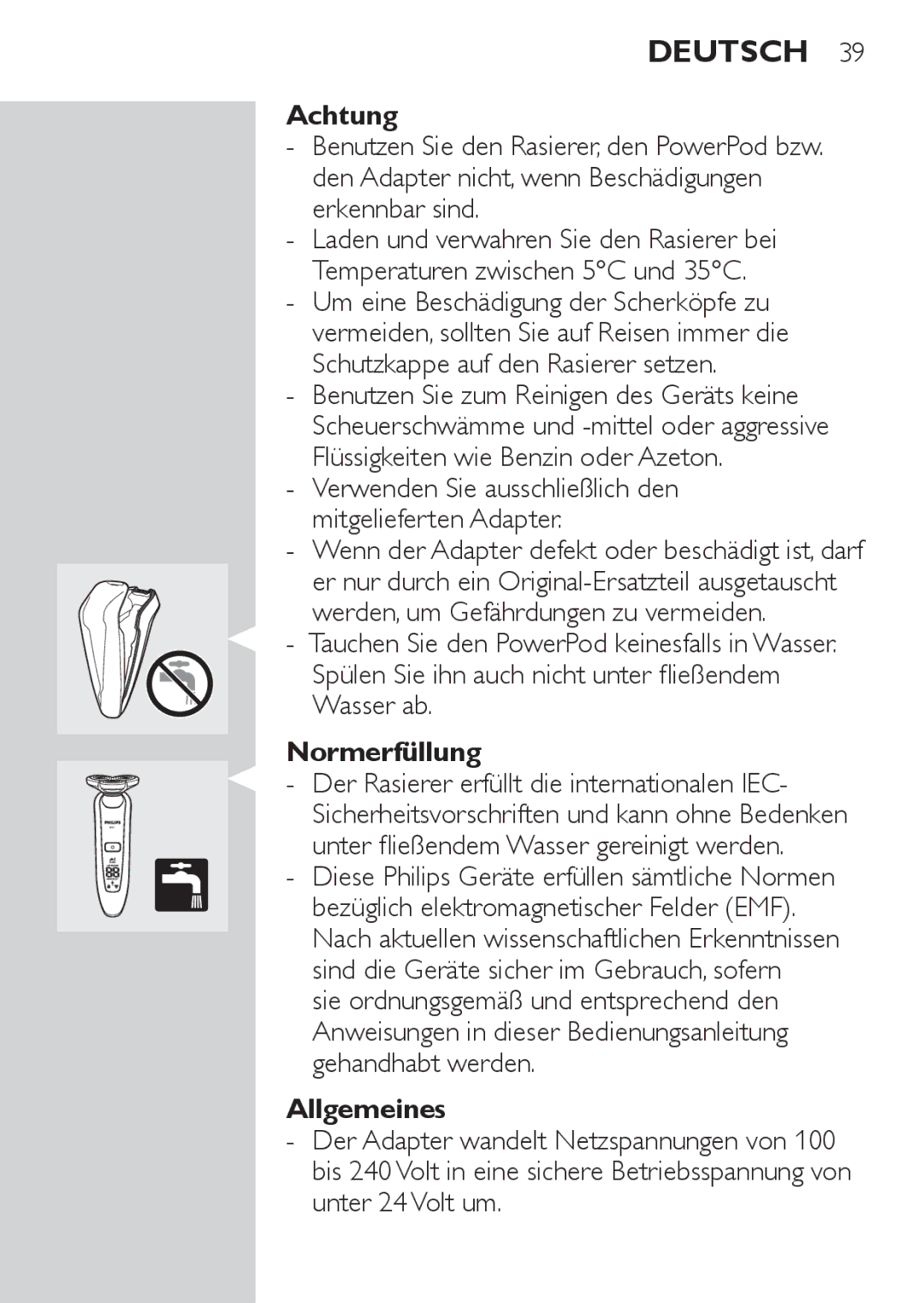 Philips RQ1060 manual Deutsch, Achtung, Normerfüllung, Allgemeines 