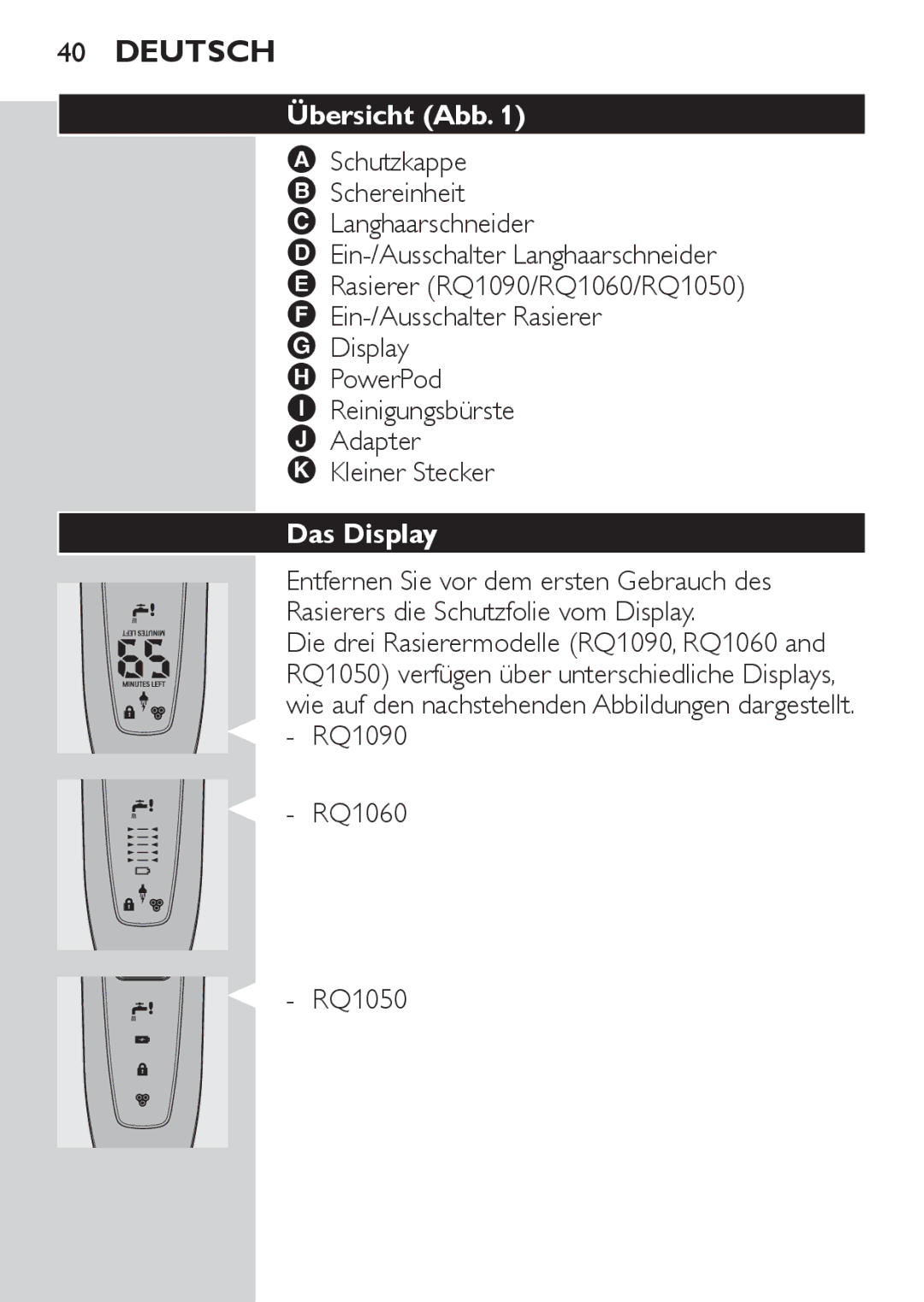 Philips RQ1060 manual Übersicht Abb, Das Display 