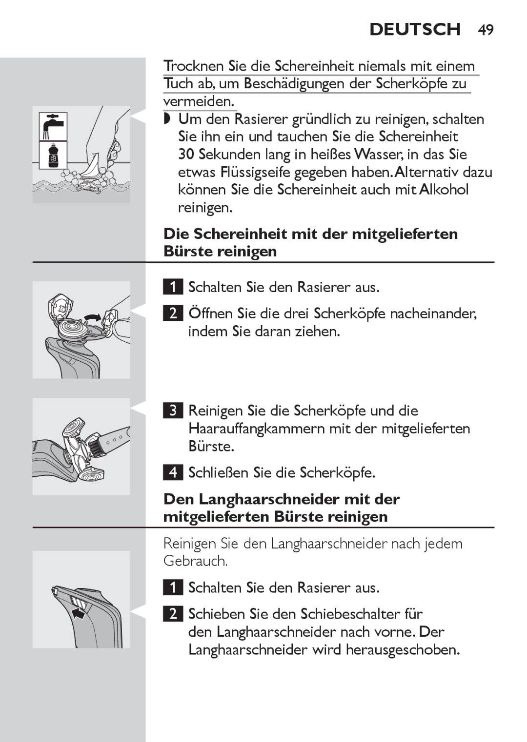 Philips RQ1060 manual Die Schereinheit mit der mitgelieferten Bürste reinigen 