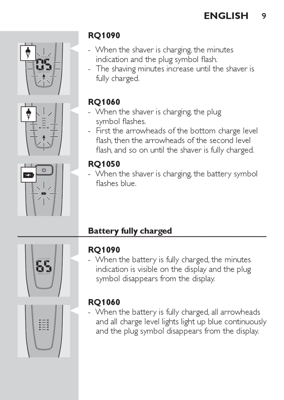 Philips RQ1060 manual RQ1050, Battery fully charged RQ1090 