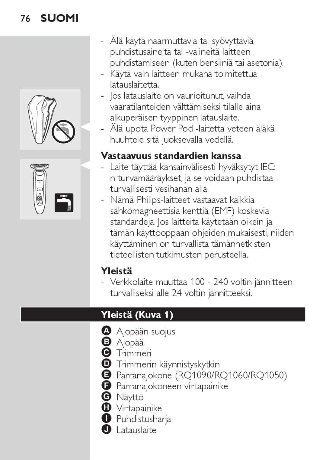 Philips RQ1060 manual Suomi, Vastaavuus standardien kanssa, Turvallisesti vesihanan alla, Yleistä Kuva 