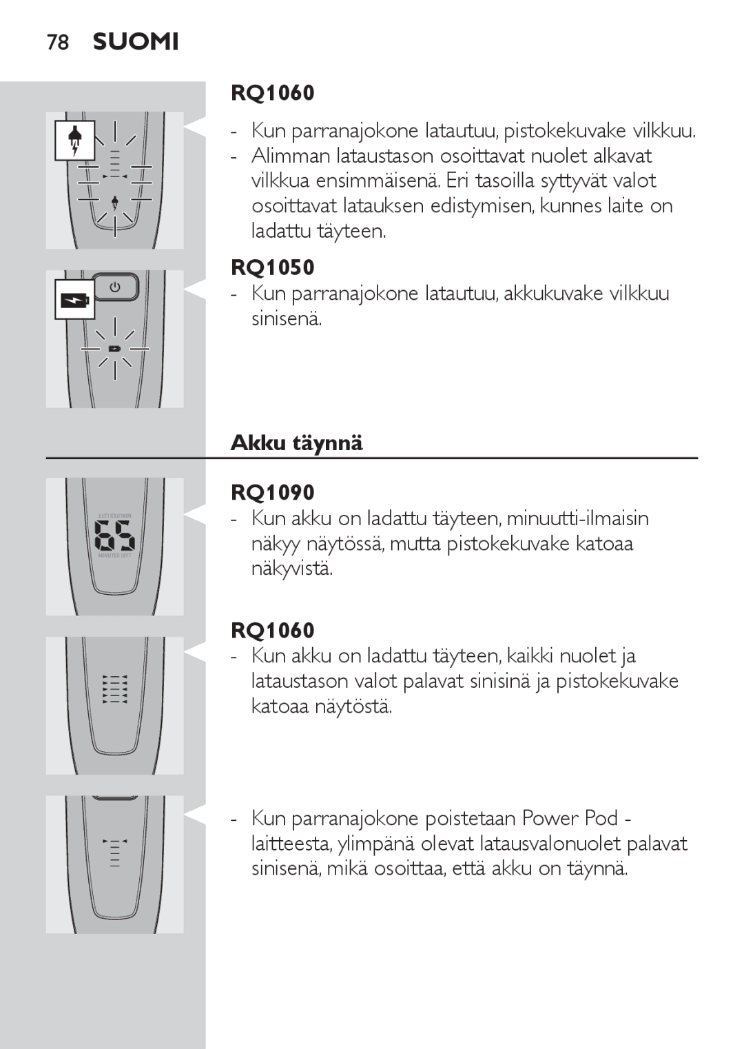 Philips RQ1060 manual Kun parranajokone latautuu, akkukuvake vilkkuu sinisenä, Akku täynnä RQ1090 