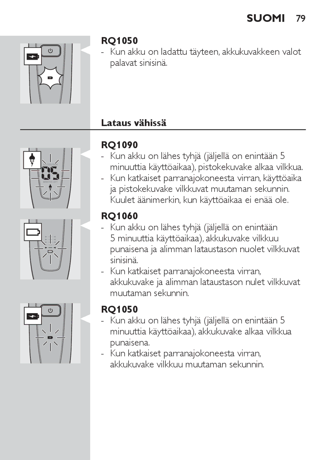 Philips RQ1060 manual Lataus vähissä RQ1090 