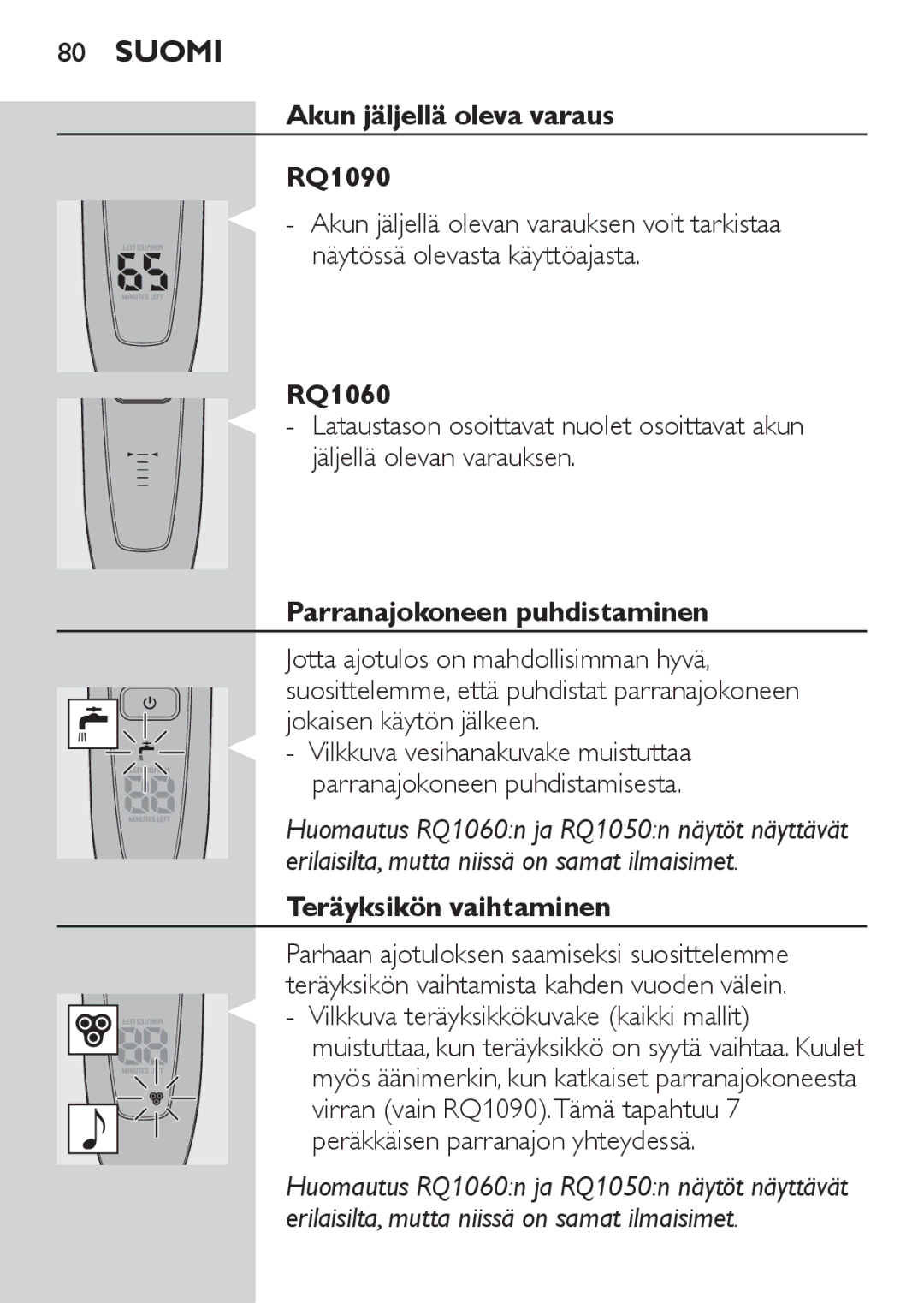 Philips RQ1060 manual Akun jäljellä oleva varaus RQ1090, Parranajokoneen puhdistaminen, Teräyksikön vaihtaminen 