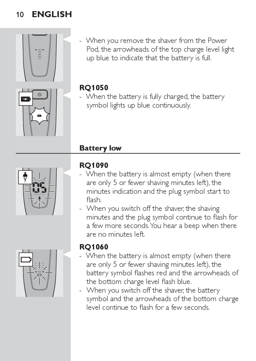 Philips RQ1060 manual Battery low RQ1090 