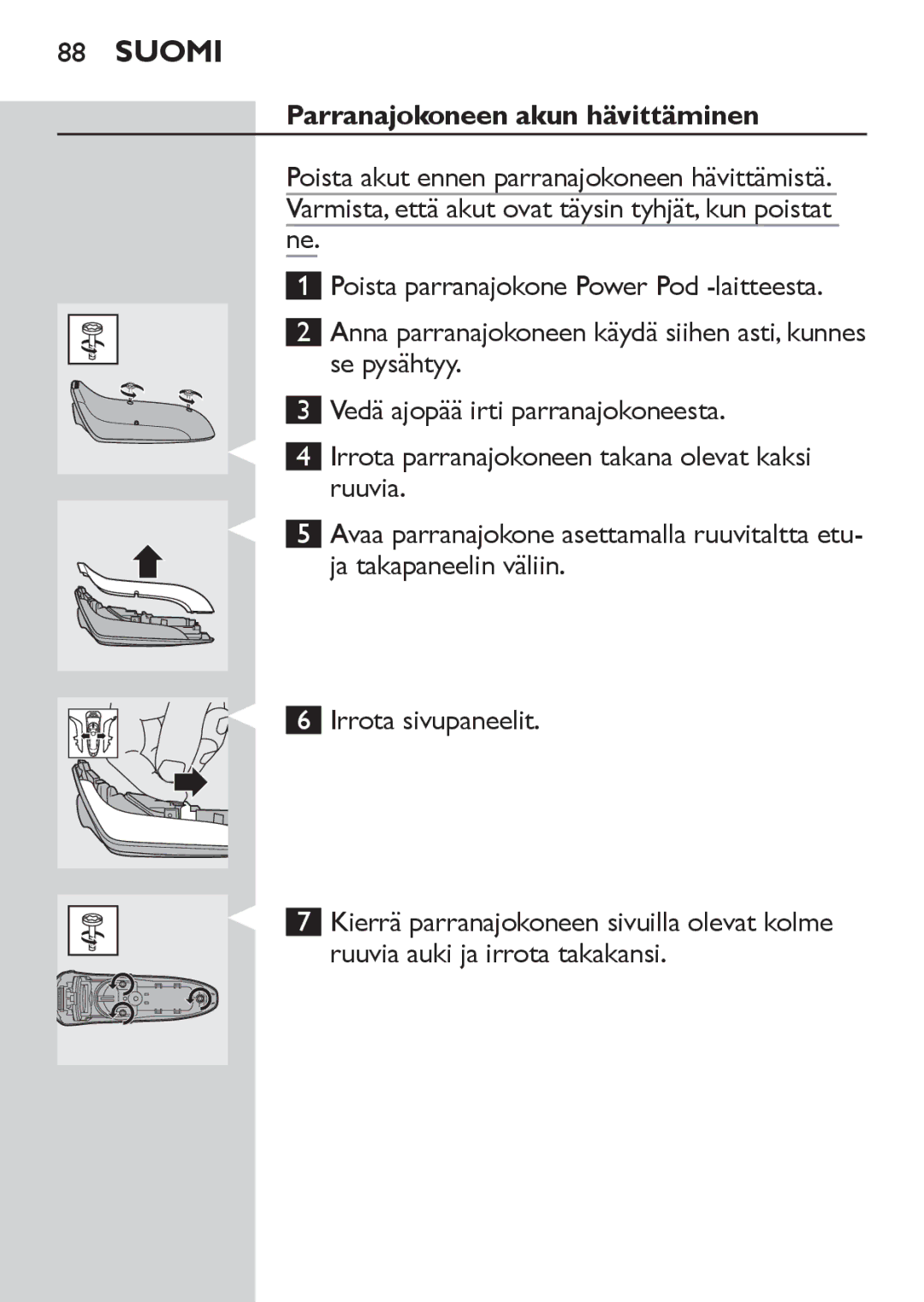 Philips RQ1060 manual Parranajokoneen akun hävittäminen 