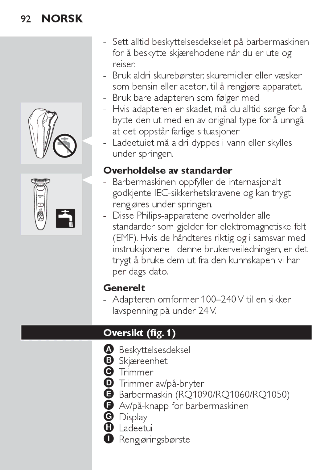 Philips RQ1060 manual Norsk, Bruk bare adapteren som følger med, Overholdelse av standarder, Oversikt fig 