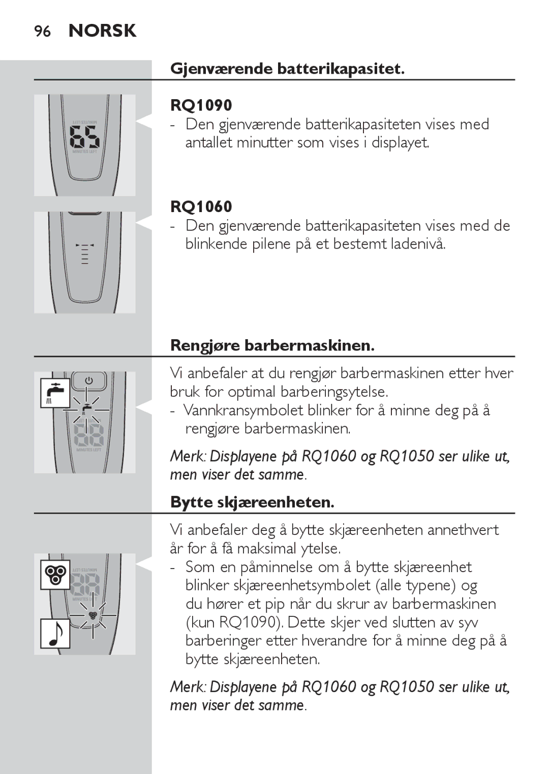 Philips RQ1060 manual Gjenværende batterikapasitet RQ1090, Rengjøre barbermaskinen, Bytte skjæreenheten 