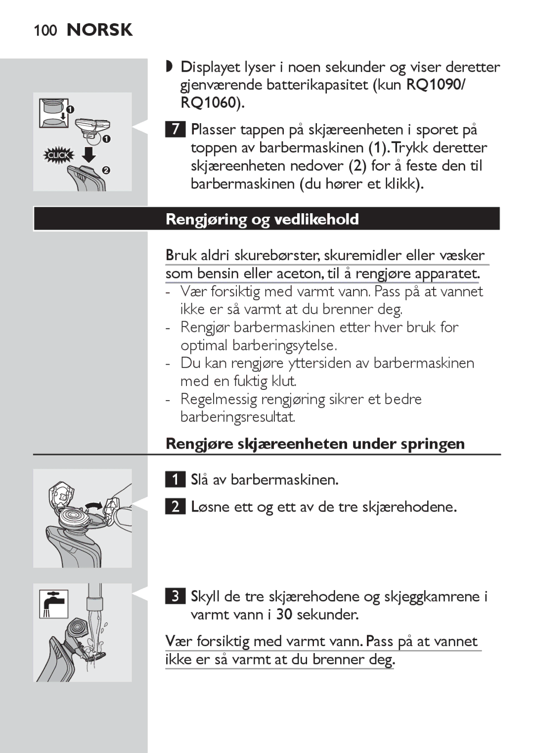 Philips RQ1060 manual Rengjøring og vedlikehold, Rengjøre skjæreenheten under springen 