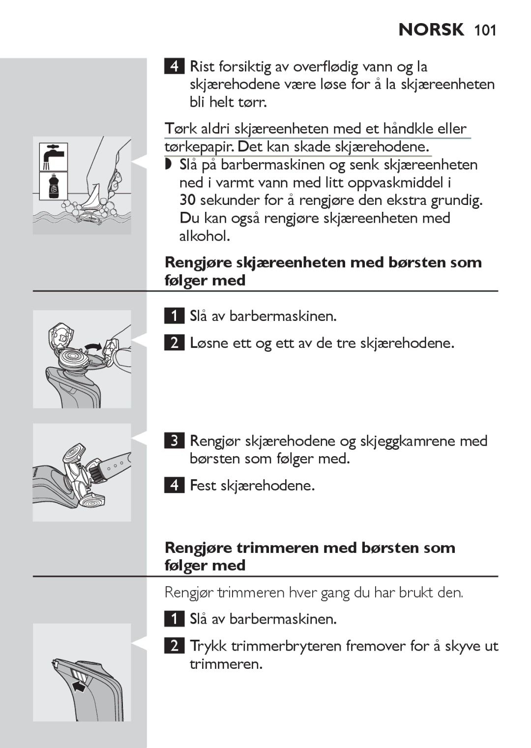 Philips RQ1060 manual Rengjøre skjæreenheten med børsten som følger med, Fest skjærehodene 