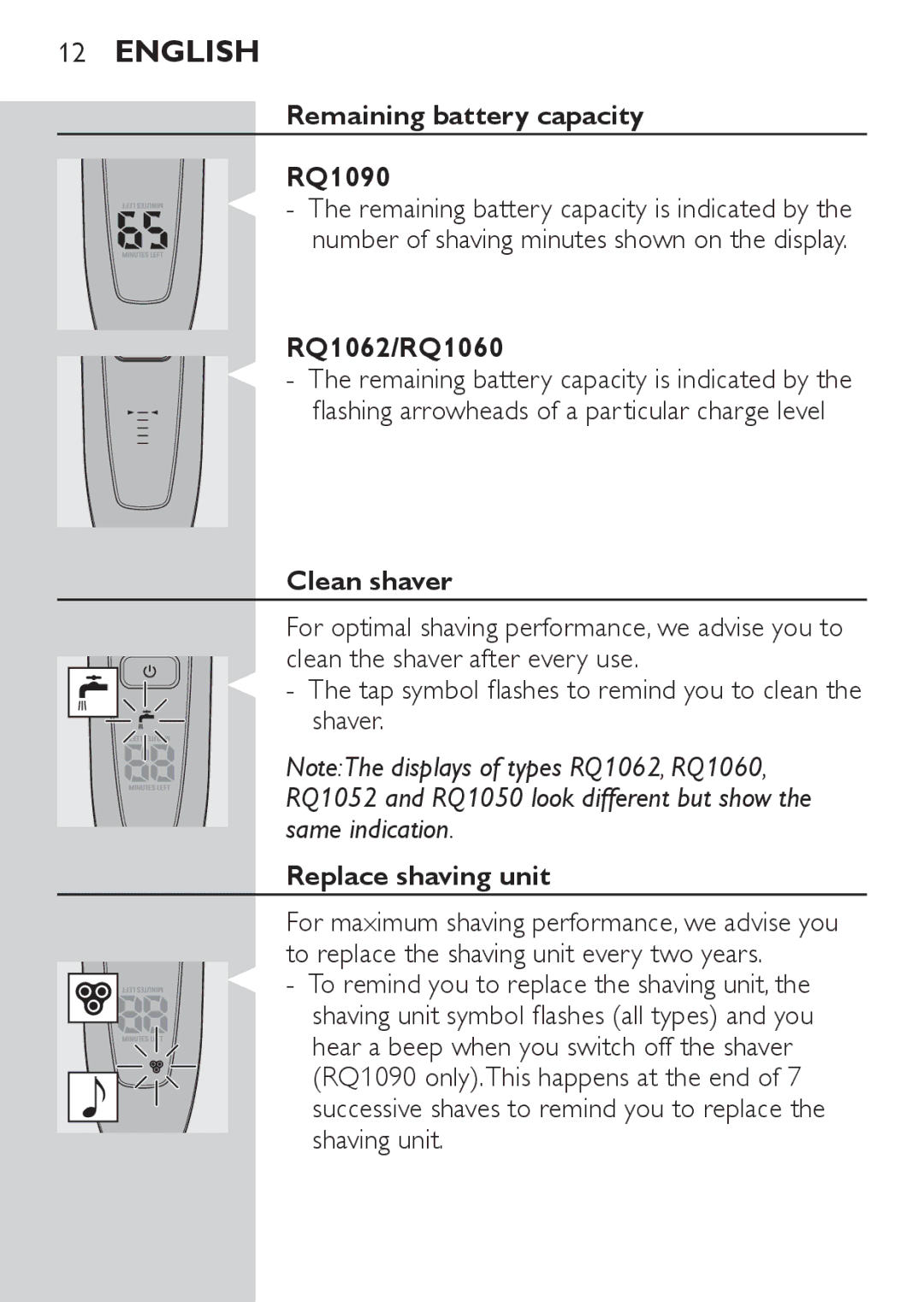 Philips RQ1087, RQ1077 manual Remaining battery capacity RQ1090, Clean shaver, Replace shaving unit 