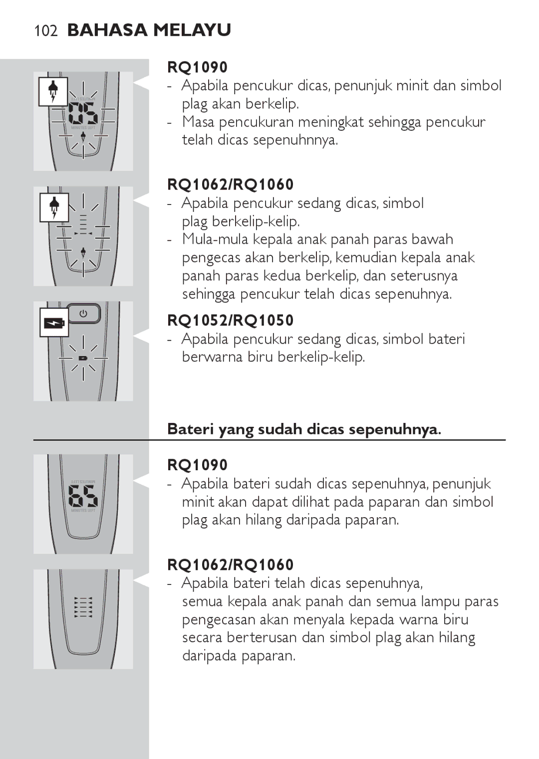 Philips RQ1087 manual Apabila pencukur sedang dicas, simbol plag berkelip-kelip, Bateri yang sudah dicas sepenuhnya RQ1090 